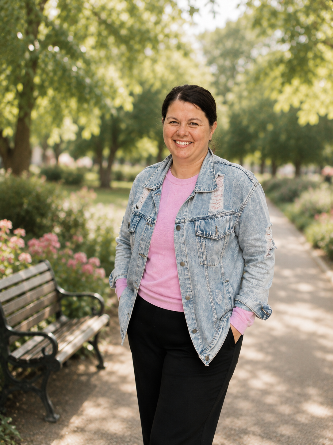 Magda — workshop facilitator, smiling in a sunlit park