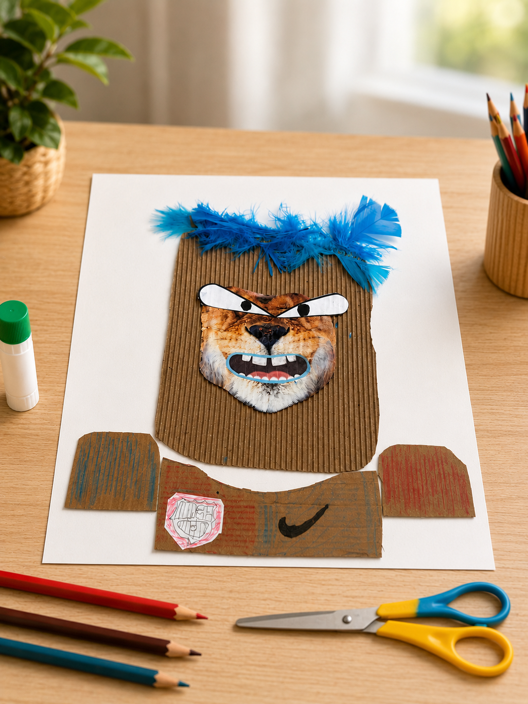 Cardboard lion mask with blue feathers