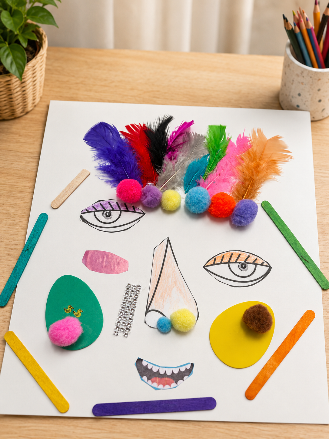 Tribal face mask with feathers and pom-poms