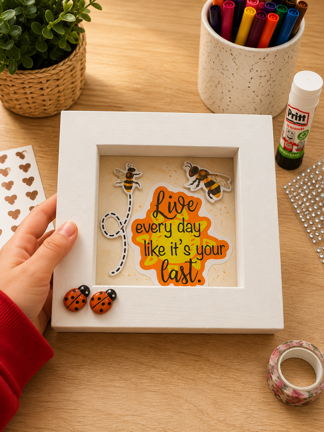 Wooden frame with bees and motivational quote